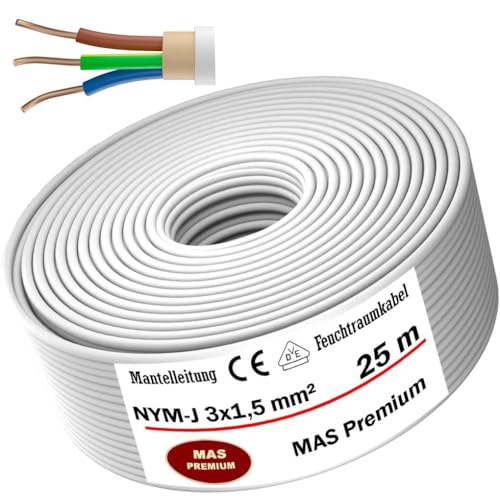 MAS Premium Feuchtraumkabel Stromkabel 5-200m Mantelleitung NYM-J 3x1 5 2 5 4 6 10 oder 5x1 5 2 5 4 6 10 16 Elektrokabel für feste Verlegung (NYM-J 3x1 5 mm 25m)