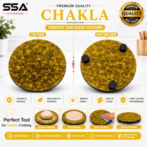 Image of SSA Waterproof MDF Chakla Belan Set | 10 Inch Waterproof Rolling Board with 12 Inch Wooden Belan | Handcrafted Marble Design | Non Slip Surface | Roti Chapati Paratha Puri Dough Roller | Yellow