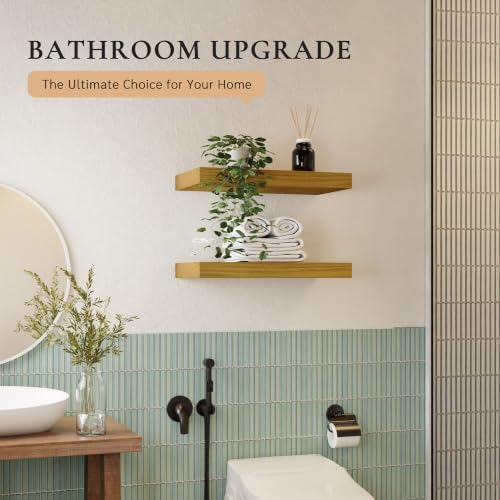 Image of 24 inch Extra Deep Floating Shelves, Set of 2, Natural Wood | 24 inchL x 12 inchD x 1.8 inchH, Set of 2, Solid Paulownia Wood, Natural Clear-Coat Finish, Hidden Brackets, Hardware Included