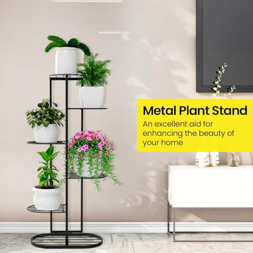 Image of Multi-Tiered Plant Stand for Balcony & Living Room | 6 Tier 7 Pot Holder Metal Planter Stand | Indoor Outdoor Flower Pot Rack | Decorative Iron Plant Stand for Home Garden & Balcony Decor (Black)