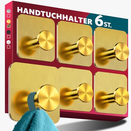 Menz Toallero sin taladrar acero inoxidable, juego de 6 – Toallero de baño resistente al agua en oro, modernos ganchos adhesivos para baño, ganchos autoadhesivos como ganchos funcionales