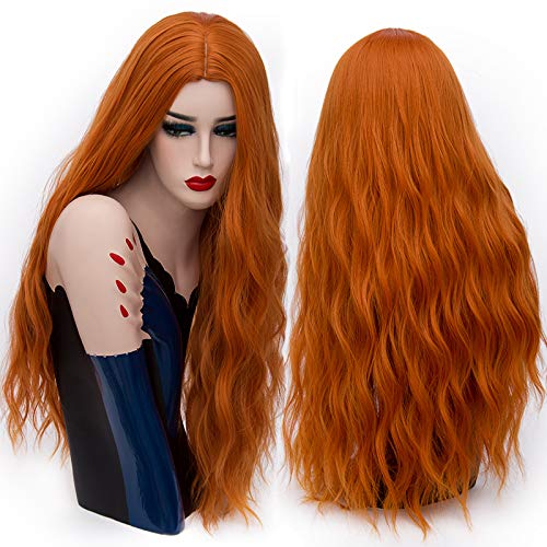 Perruque longue orange 70cm en rouleau postiche ondulé pour cosplay