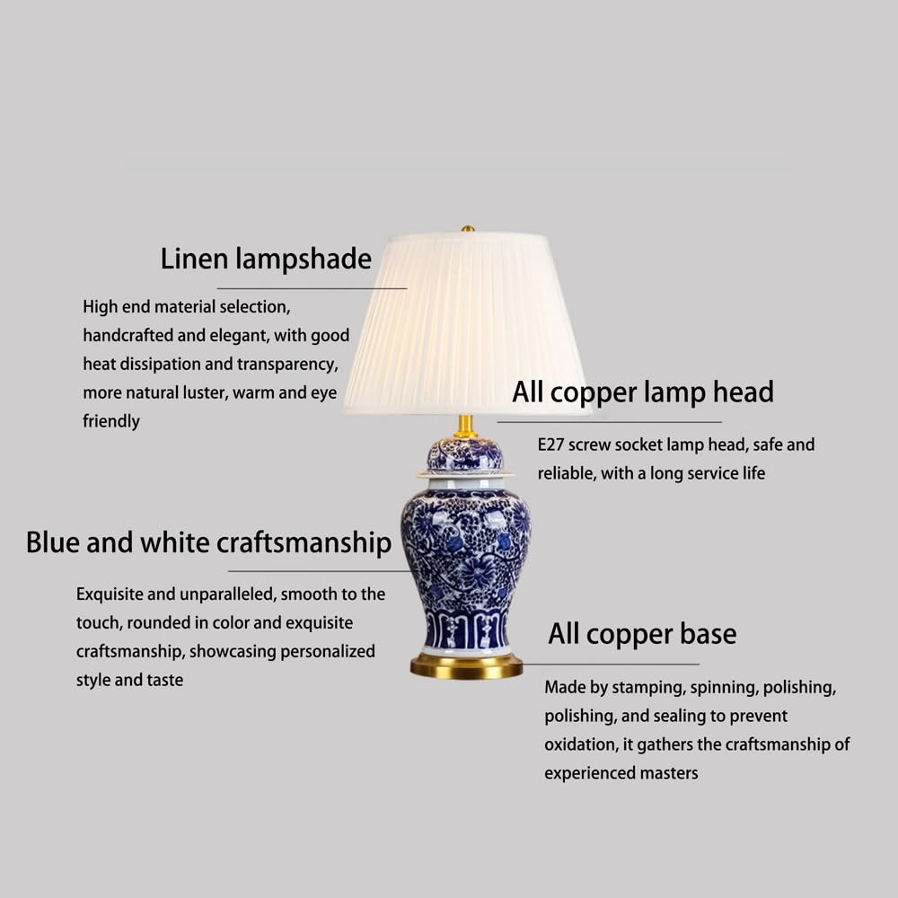 Ceramiczna Lampa Stołowa, Lampa Nocna W Stylu Rustykalnym Z Białym Lnianym Abażurem | Nowoczesna Lampka Nocna Do Sypialni I Salonu – Pilot – M, Przełącznik Przyciskowy – L