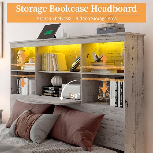 Luxoak BED FRAME355B+356B Queen Size Bed Frame With Led Bookcase Headboard, Wooden Storage Bed With Charging Station & 4 Drawers, No Box Spring Needed/Noise-Free/White Birch thumb #4