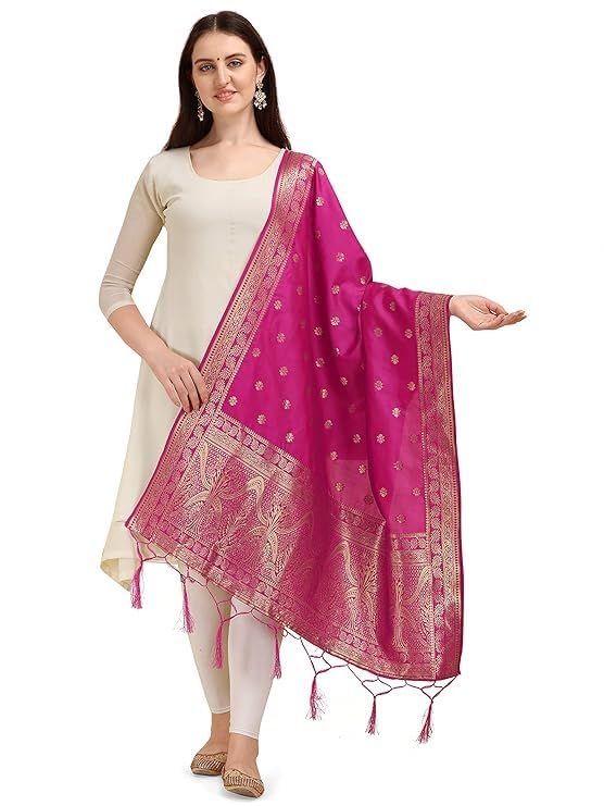 Stylish Women's Woven Banarasi Silk Zari Dupatta with Thread Work and Tasseles Chunni for Girls - Size: 1M x 2.5M- Multicolor-image-27