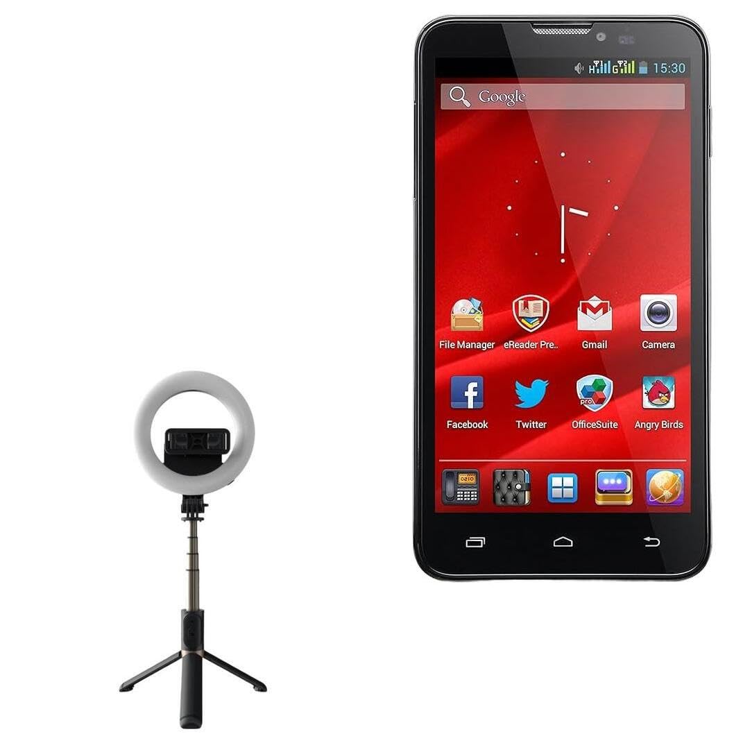 BoxWave Stand and Mount Compatible with Prestigio MultiPhone 8500 Duo - RingLight SelfiePod, Selfie Stick Extendable Arm with Ring Light - Jet Black