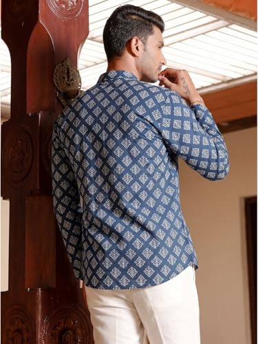 Image of DEELMO Men's Cotton Blend Printed Long Sleeve Short Kurta | Stylish Casual & Ethnic Wear | Comfortable Mandarin Collar Kurta for Daily, Festive & Party Outfits