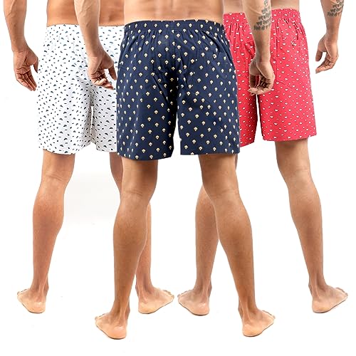 Image of ALPHABETS Men's Cotton Regular Striped Boxer Briefs (Pack of 3) Dark Blue, Red, White