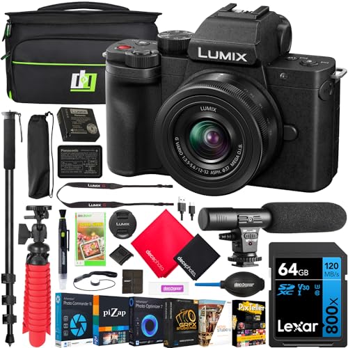 Image of Panasonic LUMIX G100D 4K Mirrorless Digital Camera Body with 12-32mm F3.5-5.6 Lens DC-G100DKK Bundle Including Deco Gear Bag + Microphone + Monopod + 64GB Card + Software and Accessories