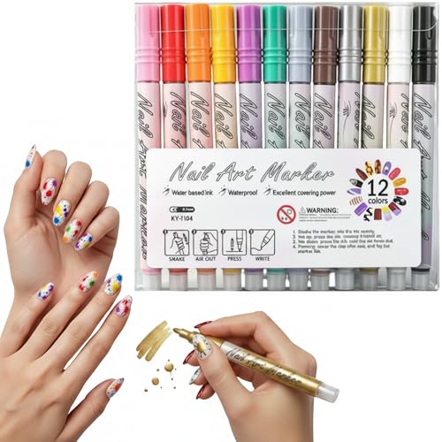 Image of KHOLAD 12 Colors nail art Pens Set, 2026 Upgrade Nail Art Markers for Gel Nails, DIY Quick Dry Graffiti Dotting Point Liner Pens, 3D Nail Polish Pens for Painting, Nails Art Drawing Tool (12 Colors - 0.7mm Fine Tip)