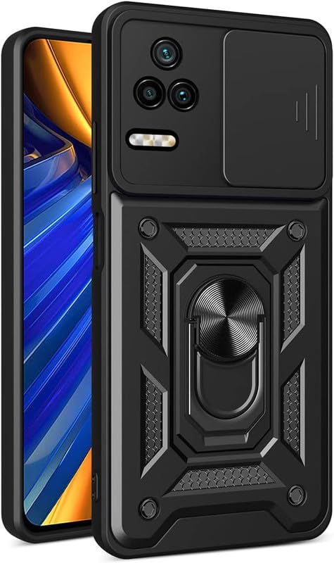 Image of Robot Ring Thunder Case, Shockproof Hybrid Kickstand Back Case Defender Cover for Poco F4 5G - Black (Sliding Camera Window)