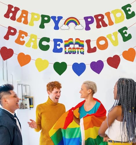 Image of Pre Strung Happy Pride Peace Love Banner Pride Month Decorations, Glitter Rainbow Sign for LGBTQ+ LGBT Party Lesbian Gay Bisexual Transgender Celebration Office Home Indoor Photo Props Backdrop Decor