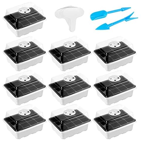 DERGH 10Pcs Seed Trays with Lids 12 Cells Seedling Starter Trays Garden Seed Propagator Tray Set Plant Starter Kit with Humidity Dome and Base Greenhouse Grow Trays for Indoor Greenhouse Cover