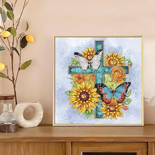 Image of Diamond Art Painting Kits for Adults, 5D Special Shape Diamond Art Kits for Beginners, Crystal Rhinestones Diamond Art Painting for Home Wall Decoration Gift 12x12inch, Sunflower Butterfly Cross
