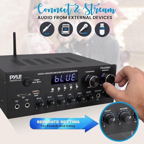 Pyle Hifi System, Bluetooth Home Audio Hifi Amplifier, Av Receiver Stereo Systems, 300W Dual Channel Sound Audio System with MP3, USB, SD, AUX, RCA, MIC, Headphone, FM, LED, Reverb Delay Pyle Hifi System, Bluetooth Home Audio Hifi Amplifier, Av Receiver Stereo Systems, 300W Dual Channel Sound Audio System with MP3, USB, SD, AUX, RCA, MIC, Headphone, FM, LED, Reverb Delay