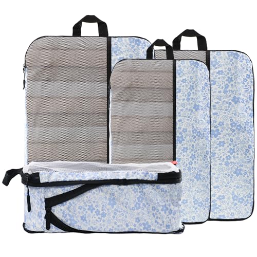 U+U 4 Set Compression Packing Cubes - Ultralight Travel Organizers, Space-Saving Suitcase Organizer, Expandable Packing Cubes for Travel, Business Trip and Family Vacation (Blue Flower)