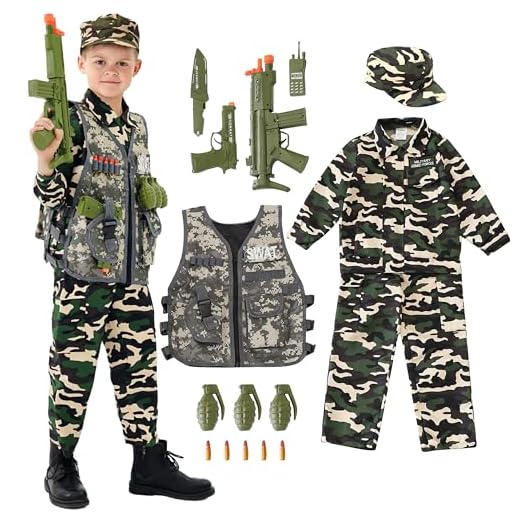 Udekit Deluxe Armée Uniforme Cosplay Costume Soldat Tenues avec Uniforme, Gilet Tactique, Grenade, Sabre, Balle, Interphone et Autres Jouets pour Enfants de 4 à 6 Ans