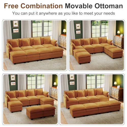 Image of 107 inch Cloud Couch Sectional Modular Sofa, Deep Seat Couches with Ottoman and Removable Washable Pillows for Living Room, Bedroom, Apartment, Orange