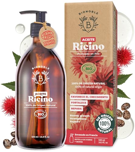 BIONOBLE Aceite de Ricino Organico, Prensado en Frío, Sin Hexano - Pestañas, Cabello, Cejas - Vegan Castor Oil - Aceite de Ricino 100 Puro y Natural - Botella de Vidrio y Bomba - 500ml