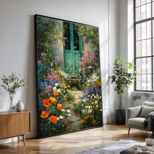 Poster jardin fleuri et porte vintage pour créer un salon cosy nature