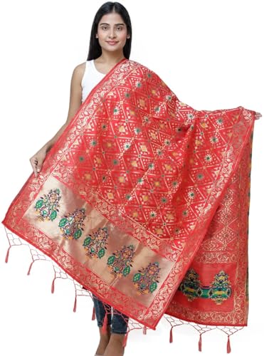 Brocade Dupatta from Gujarat with Birds and Geometric Motifs All-Over