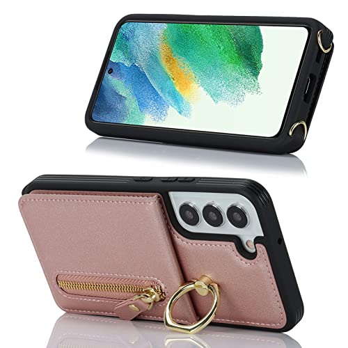 Jaorty Samsung Galaxy S21 Fe 5G Phone Case For Women With Card Holder,Samsung S21 Fe Case Wallet Crossbody Lanyard With Strap,Credit Card Slots Kickstand Case With Ring Holder,6.4 Inch,Rosegold #TOP3