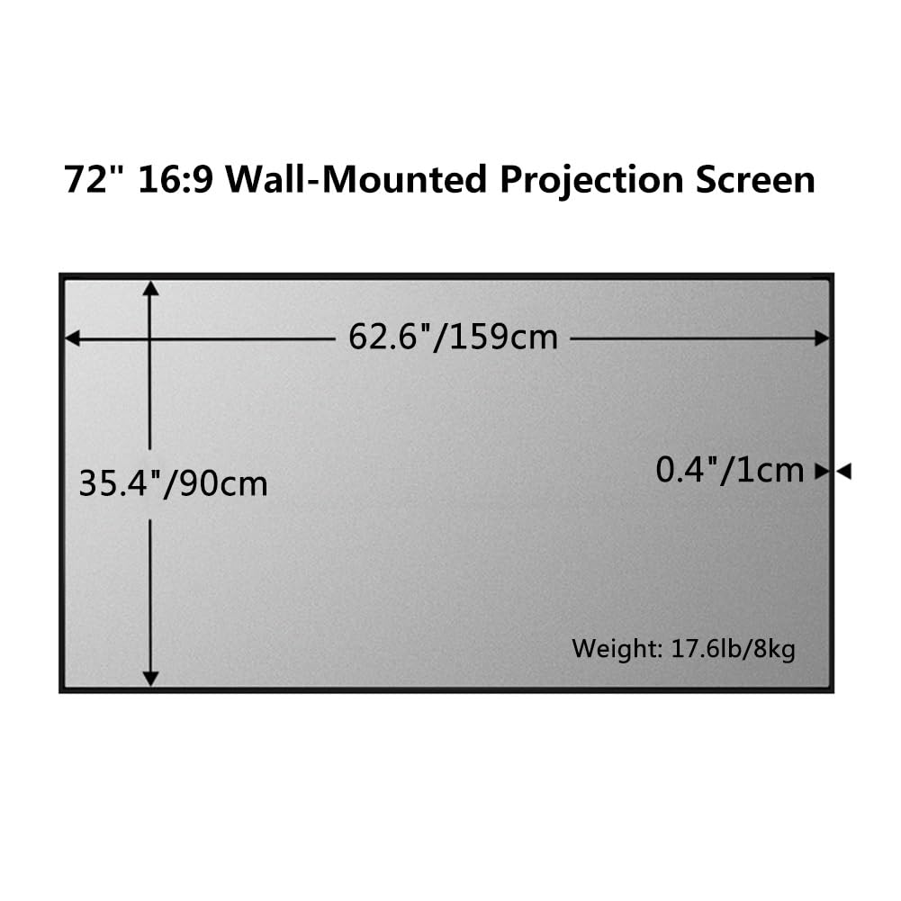 Schermo di Proiezione da Parete per Interni da 72" 80" 92", Schermo per Film 3D Ultra HD 4K con Cornice Fissa 16:9 per Ufficio, Home Theater(72" (16:9))