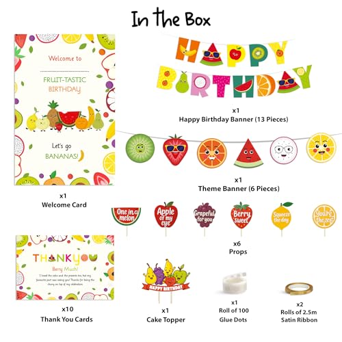 Image of Just Party Fruits Theme Party Decoration - 37 pcs Happy Birthday Decoration Kit for Kids | Fruits Theme Birthday Decoration Items for Boys & Girls|Includes Props, Theme Banners, Cake Topper, Glue Dots
