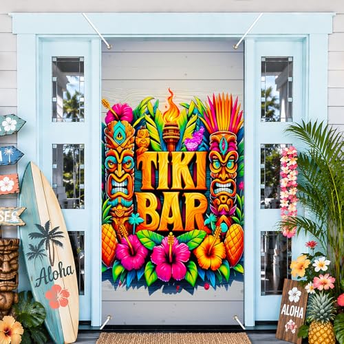 Image of BissYard Tiki Bar Door Cover 71 x 35 Inches Hawaiian Luau Door Banner Tropical Tiki Mask Pineapple Hibiscus Summer Party Front Door Decoration Indoor Outdoor Porch Island Theme Decor