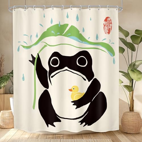 Lghtyro Funny Frog Shower Curtain Bathroom Set 60Wx71H Inches Asian Duck Traditional Art Japanese Cute Animal Taking Lotus Leaf Rain Bath Accessories Lovely Art Home Decor Fabric 12 Pack Hooks cover