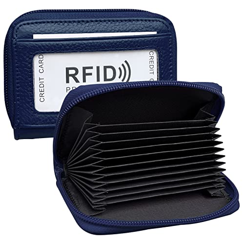 Image of RFID Blocking Genuine Leather Credit Card Case Holder Security Travel Wallet - Navy Blue