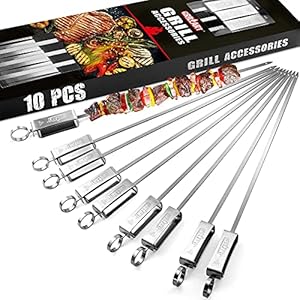 GRILLART Kabob Skewers for Grilling – Metal Skewers for Kabobs with Slider – Flat BBQ Skewers Stainless Steel – 17″ Shish Kabob Grill Skewers & Ideal Kabob Sticks for Meat Shrimp Chicken Veggie(10PCS)