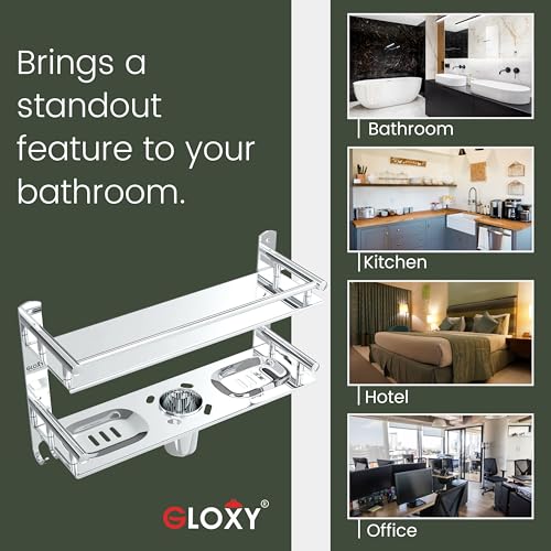 Image of GLOXY Premium Bathroom Stainless Steel Organizer Shelf Rack with Soap Holder & Toothpaste Holder - Multipurpose Bathroom Fittings Accessories Set for Home, Office, Hotels, Restaurants & Hospitals