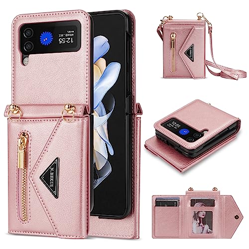 UDBKKDX Wallet Case for Samsung Galaxy Z Flip 5, Matte Leather with Viewing Stand Camera Lens Protection Shockproof 4 Card Holders Cover with Shoulder Straps Zipper case Cover