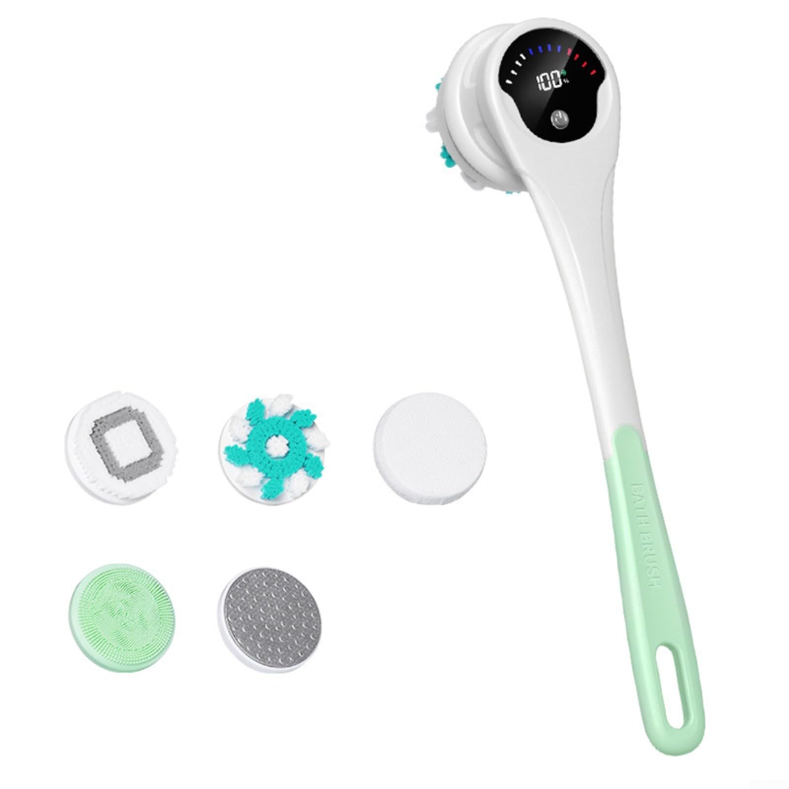 Cepillo de baño eléctrico automático, limpiador de mango largo con 5 cabezales, masajeador exfoliante 5 en uno para piernas y pies, herramienta portátil de limpieza de spa, rosa (verde)