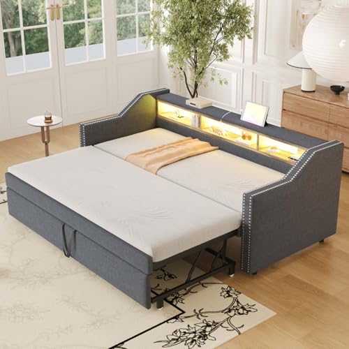 KOMHTOM Rembourré Canapé-lit avec lit gigogne, Lit Multifonctionnel avec Prise électrique et Sac de Rangement，pour Chambre à Coucher, Salon(Matelas Non...