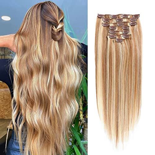 Clip in Human Hair Extensions 18inch 8pcs 100g Straight Double weft 100% Human Hair Clip on Hair Extensions for Women #12/613 Light Brown Mix Bleach Blonde