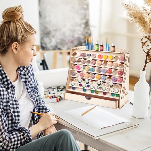 Image of Large Wooden Paint Rack Organizer for Holds 64 Bottles (2 Size) 30 Brushes Rack 1 Cabinets Craft Paints Organizers Storage Paint Holder Organizers Paints Bottle Organizer