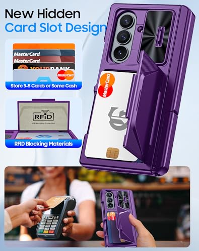 Image of for Samsung Galaxy Z Fold 7 Case with Card Holder RFID Blocking, Built in Slide Lens Cover & Hinge Protection & Kickstand & Screen Protector, Shockproof Wallet Case for Z Fold 7 (Purple)