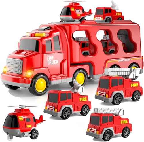 Weiongppy Jouet de Camion de Pompier 5 en 1, hélicoptère, Jouet pour Enfants avec 4 Mini Voitures, Jouet Puissant à Friction avec Son et lumières, Cadeaux...