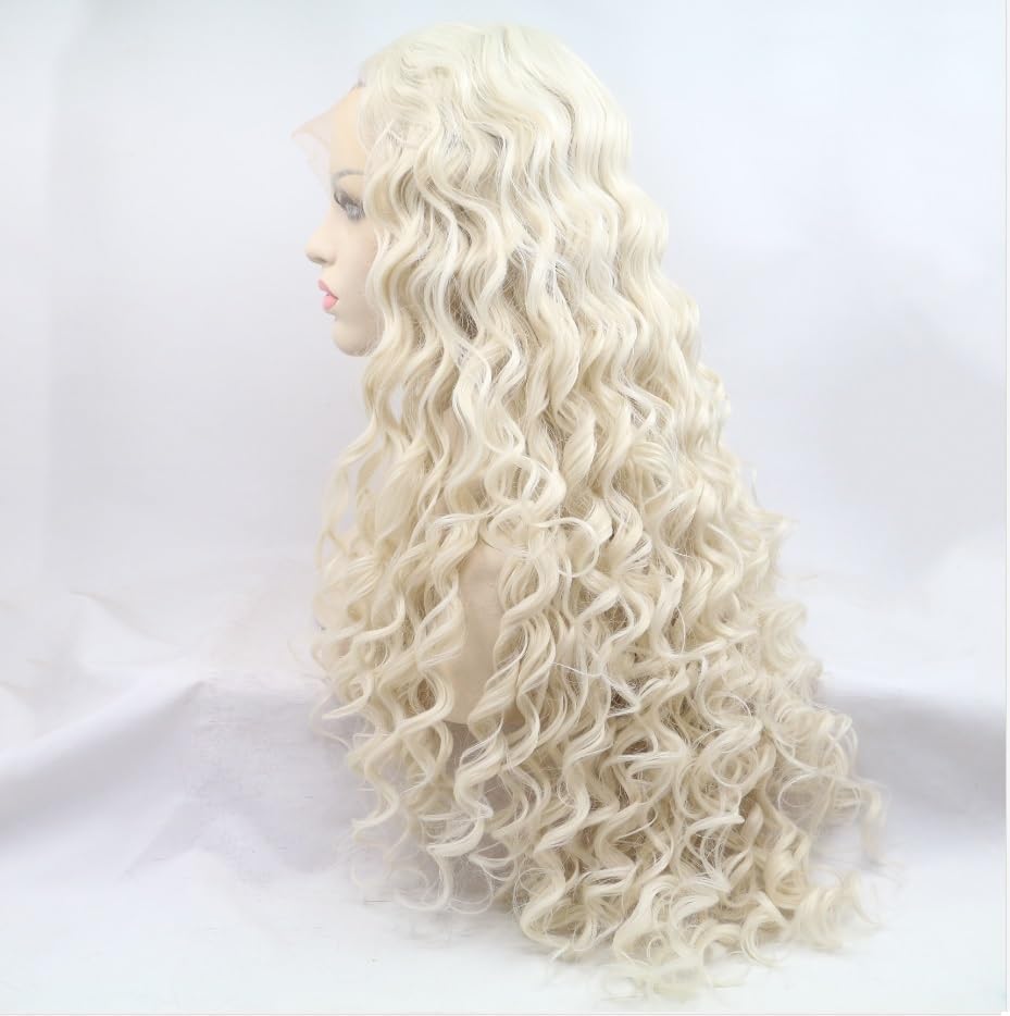 xiweiya Platinum Blonde Curly Wig Long Natural Wave Curly White Blonde Synthetic Lace Front Wig Blonde Wig Heat Resistant Fiber Hair 180% Density Wig for Woman 26inch - Image 4