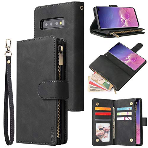 CHICASE Wallet Case for Galaxy S10,Samsung S10 Case,Leather Handbag Zipper Pocket Card Holder Slots Wrist Strap Flip Protective Phone Cover for Samsung Galaxy S10(Black)