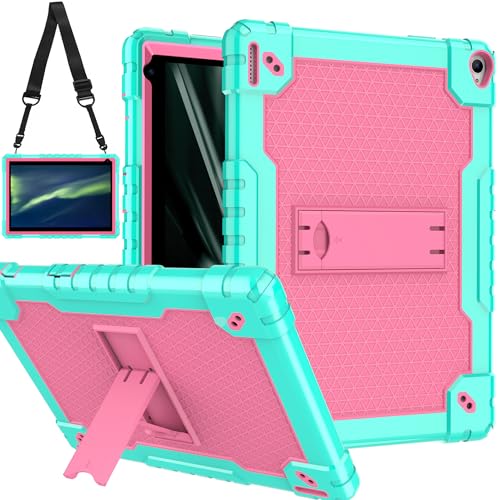 Doemoil for YQSAVIOR Tab CP10 10.1 Case/Coopers Tab CP10 10.1 inch Case Built in Shoulder Strap & Kickstand Soft Silicone Hard Back Kids Friendly Case Cover for YQSAVIOR Model CP10 (Green+Pink)