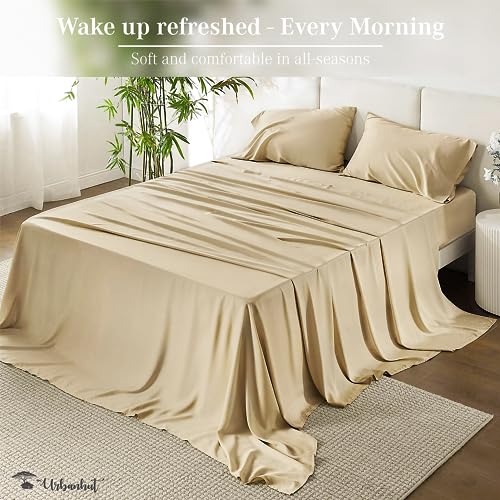 URBANHUT 800 Thread Count Egyptian Cotton Sheets Set King Size, Long Staple, Soft & Breathable, 4 Pc Bed Sheet Sets for King Size Bed, Luxury Hotel Sateen Sheets Fits 16" Deep Pocket - Sand