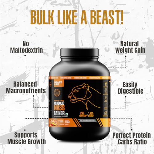 Image of BeastLife High Protein Mass /Weight Gainer | 2.5 KG | Strawberry Banana | NABL LAB Tested | For Muscle Gain & Fast Growth | Cereal-Based Formula, No Maltodextrin | India's #1 Cereal Based Bulk Gainer