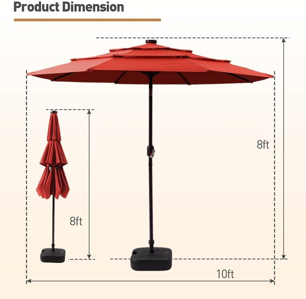 10 Ft 3 Tiers Outdoor Market Patio Umbrella with Solar Lights Easy-To-Use Crank Handle | All Weather 8 Heavy-Duty Ribs Maroon Burgundy Color Anti Rust Powder Coated Frame Waterproof Patio Umbrella