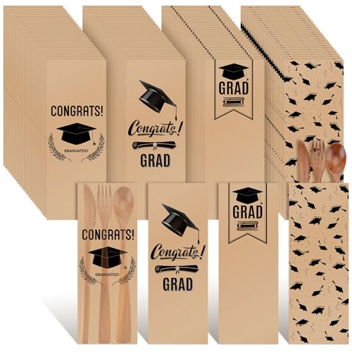 Lincia 100 Pack 2026 Graduation Silverware Bags Kraft Paper Utensil Cutlery Holders Sleeves for Class of 2026 Graduation Party Supplies College Senior Grad Table Centerpiece Decor (Brown)
