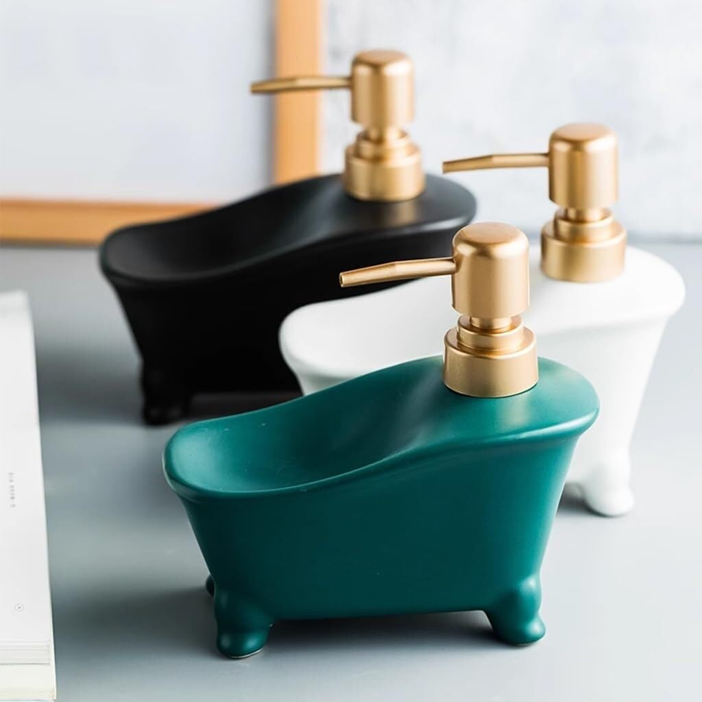 Ceramiczny dozownik mydła i mydelniczka – dozownik balsamu 350 ml z uchwytem na gąbkę do pojemnika na szampon i żel pod prysznic