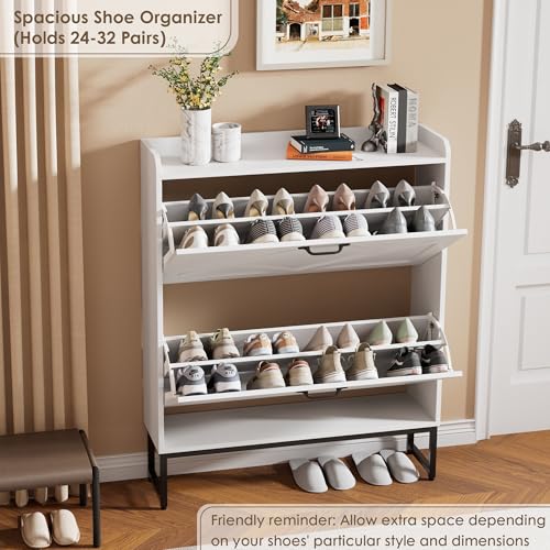 Image of Nicetree Shoe Storage Cabinet with 2 Flip Drawers, Freestanding Shoe Organizer, Shoe Cabinet with Metal Legs, Narrow Shoe Rack Cabinet, Farmhouse Slim Shoe Cabinet for Entryway, Foyer, Hallway, White