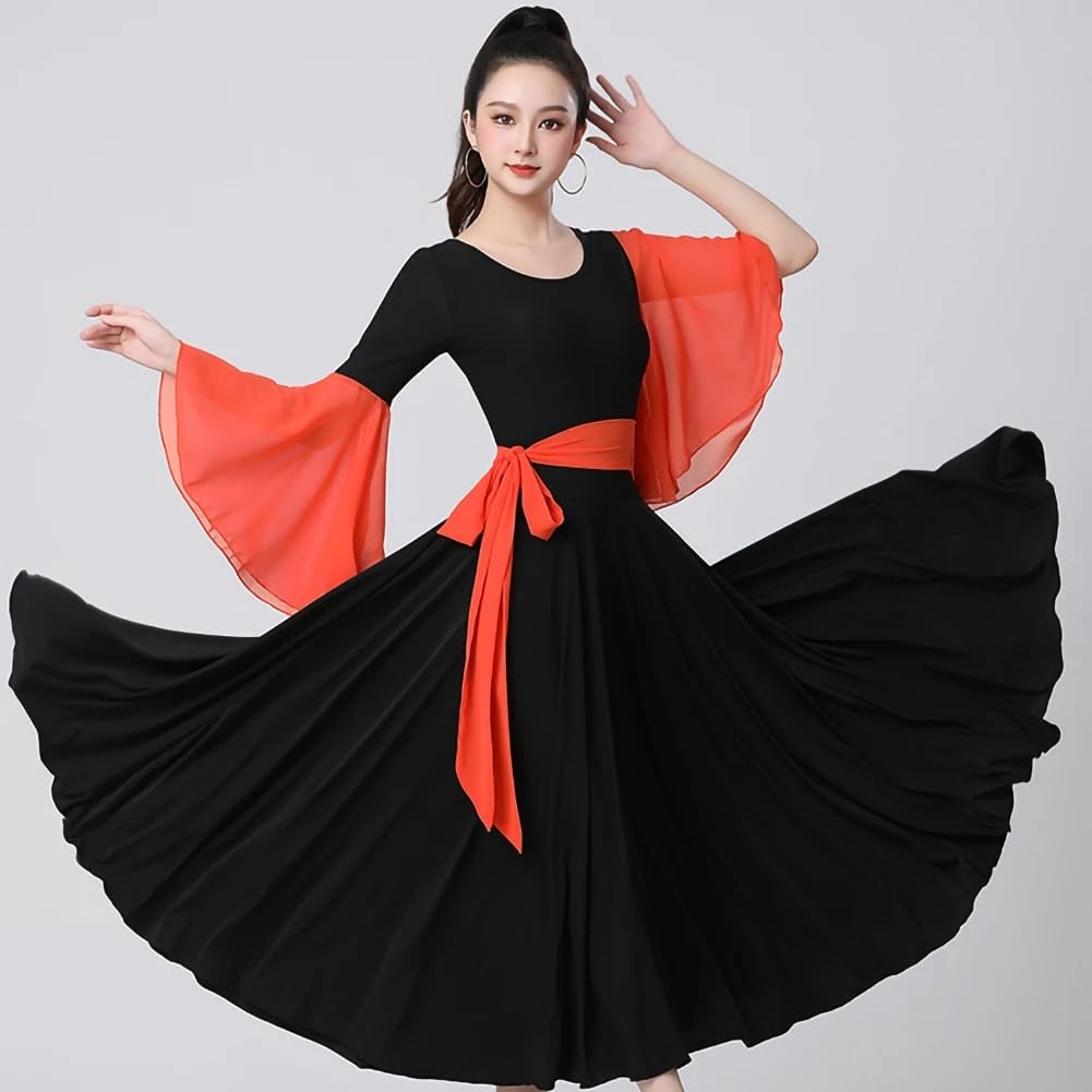 Modern Dance Kleid Standard-Turnierkleid aus Chiffon, langes Chiffonkleid mit Rundhalsausschnitt, schwarz